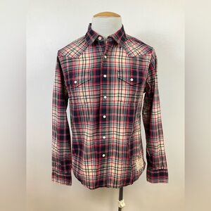 ROEBUCK & CO Mens Vtg Red Plaid Western Yoke Pearl Snap Long Sleeve Shirt, sz MD